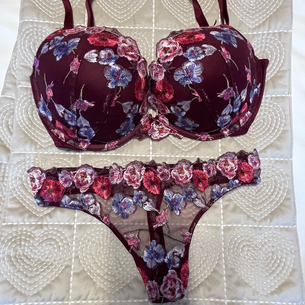 Victoria's Secret Burgundy Floral Lace Bra and Panty Set